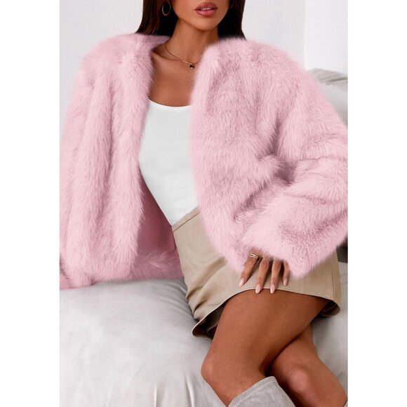 Women's Pink Winter Coats Fluffy Cropped Faux Fur Jacket Long Sleeve Open Front - Picture 5 of 8
